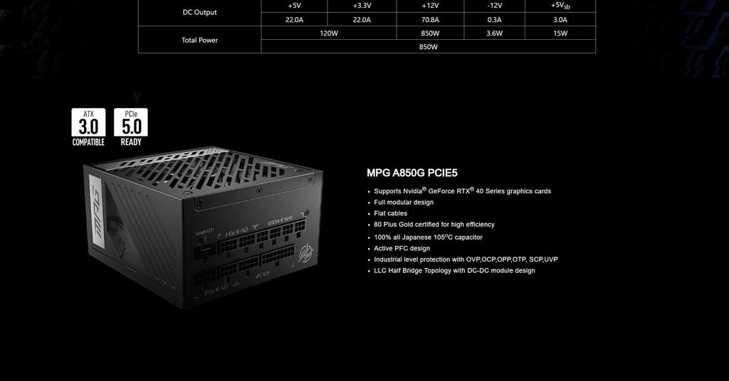 MSI MPG A850G PCIE5 850W 80+ Gold Modular Power Supply - Aeromalls –