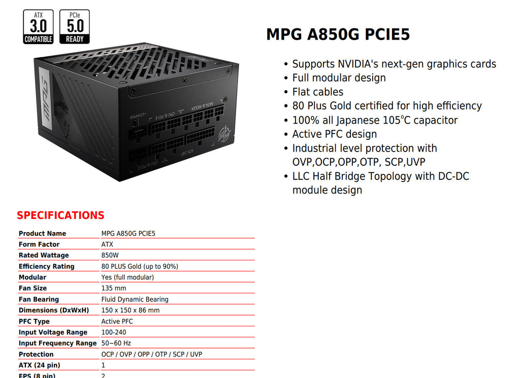 MSI MPG A850G PCIE5 850W 80Plus Gold Fully Modular Power Supply