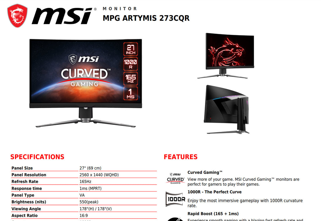 MSI MPG ARTMIS 273CQR 27" WQHD 1440P 165Hz 1ms Gaming Monitor Specification