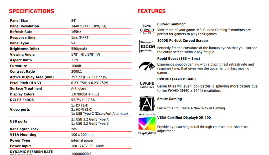 MSI MPG ARTYMIS 343CQR 34" UWQHD 1440P 165Hz 1ms Curved Gaming Monitor Specification