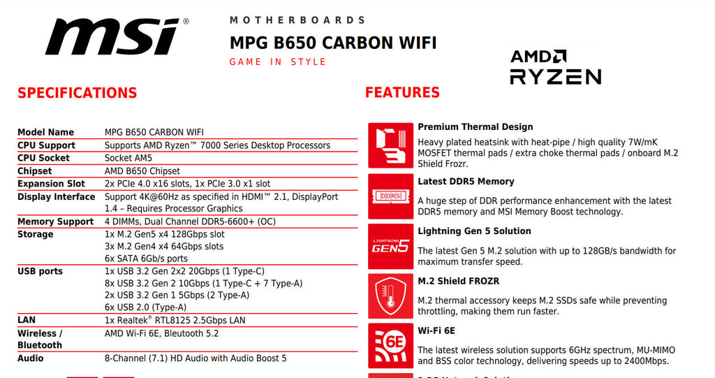 MSI MPG B650 CARBON WIFI DDR5 AMD AM5 ATX Motherboard Specification