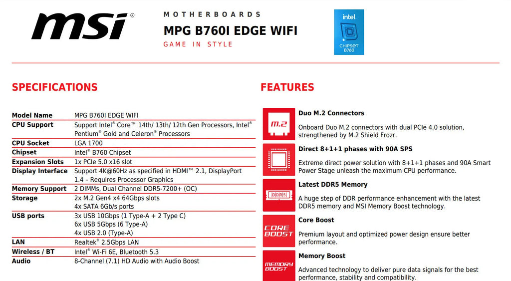 MSI MPG B760I EDGE WIFI Intel Socket 1700 Mini-iTX Motherboard Specification