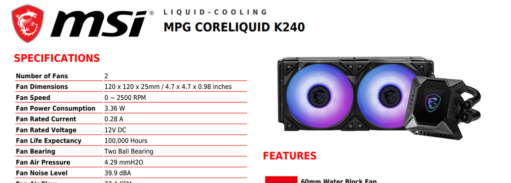 MSI MPG CORELIQUID K240 AIO ARGB Liquid CPU Cooler Specification
