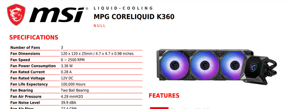 MSI MPG CORELIQUID K360 AIO ARGB Liquid CPU Cooler Specification