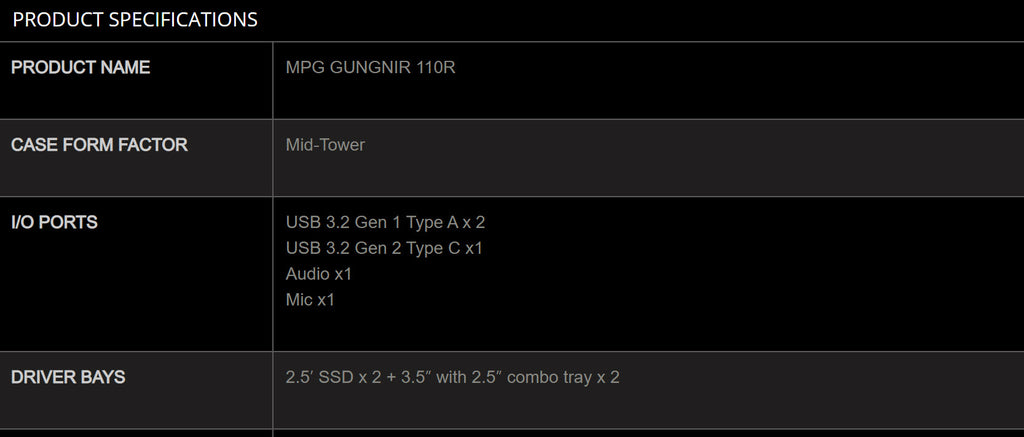 MSI MPG GUNGNIR 110R ATX Mid Tower Computer Case Specification