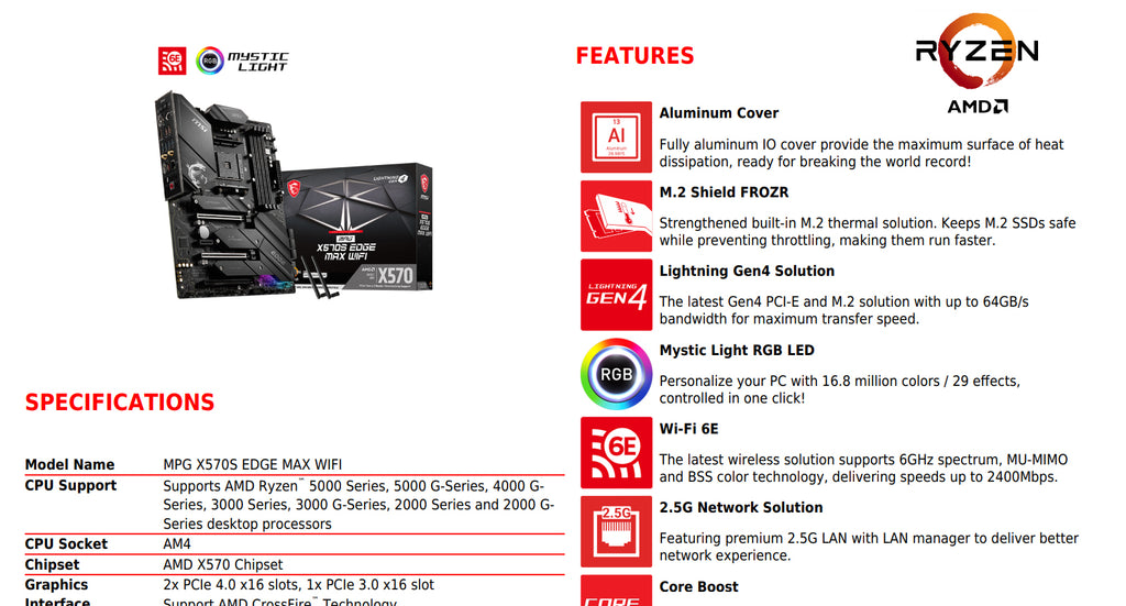 MSI MPG X570S EDGE MAX WIFI AMD AM4 ATX Motherboard Specification