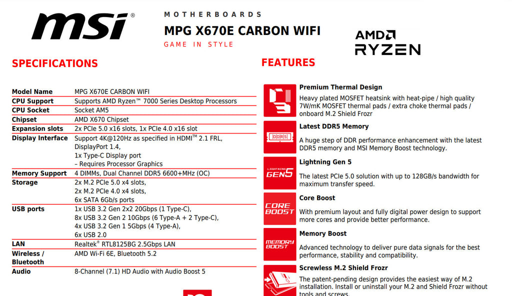 MSI MPG X670E CARBON WIFI DDR5 AMD AM5 ATX Motherboard Specification