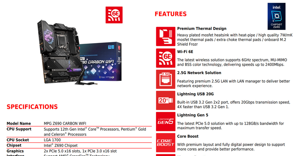 MSI MPG Z690 CARBON WIFI Intel Socket 1700 ATX Motherboard Specification
