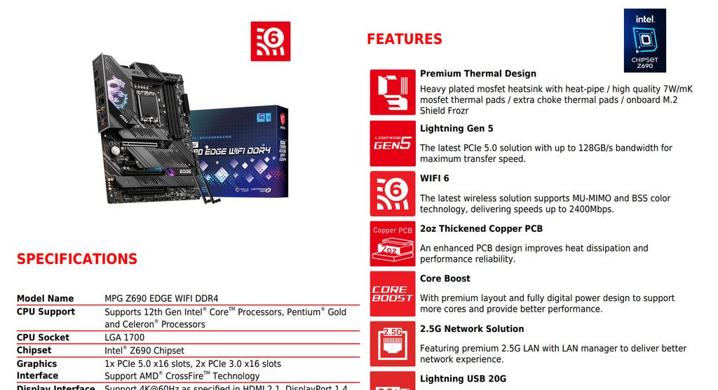 MSI MPG Z690 EDGE WIFI DDR4 Intel Socket 1700 ATX Motherboard Specification