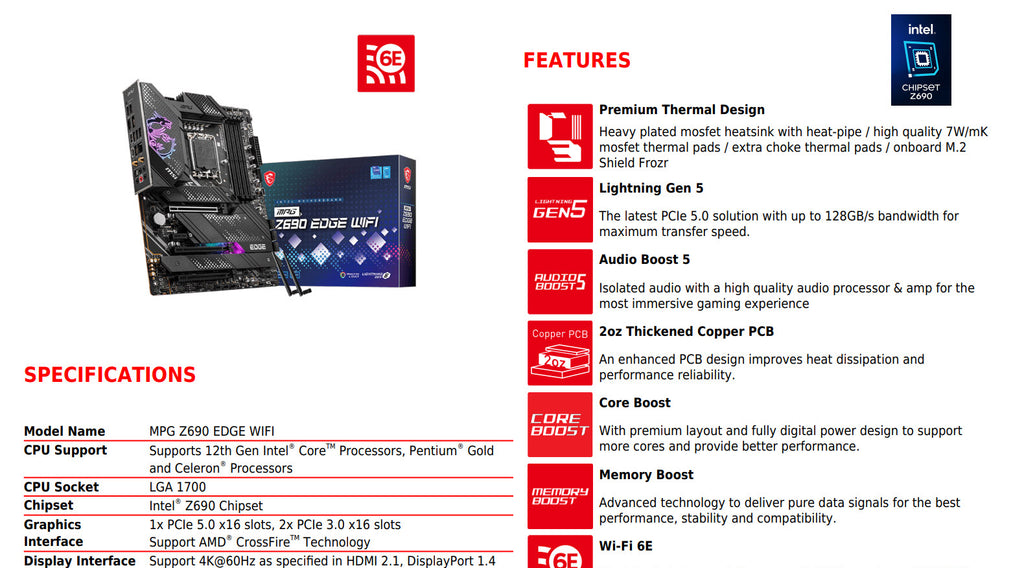 MSI MPG Z690 EDGE WIFI DDR4 Intel Socket 1700 ATX Motherboard Specification