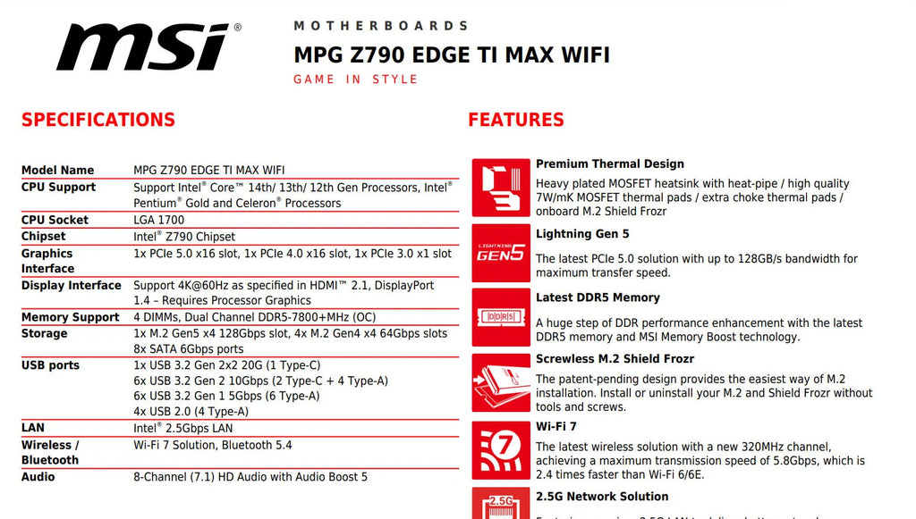 MSI MPG Z790 EDGE TI MAX WIFI Intel Socket 1700 ATX Motherboard Specification