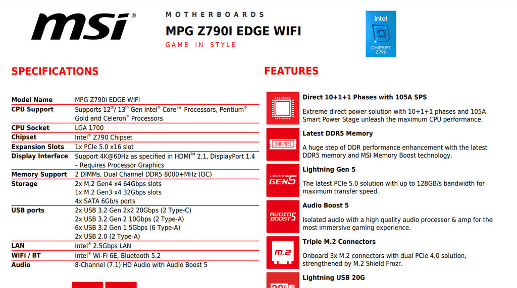 MSI MPG Z790I EDGE WIFI Intel Socket 1700 ATX Motherboard Specification