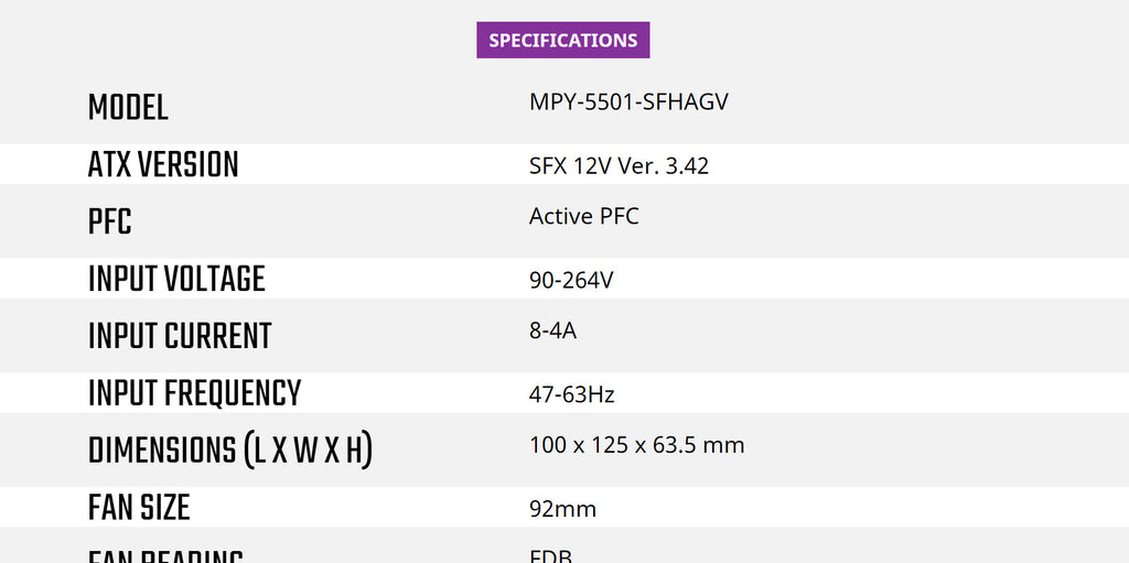 Cooler Master V550 SFX Gold 550W SFX Power Supply Model: MPY-5501-SFHAGV-US Specification