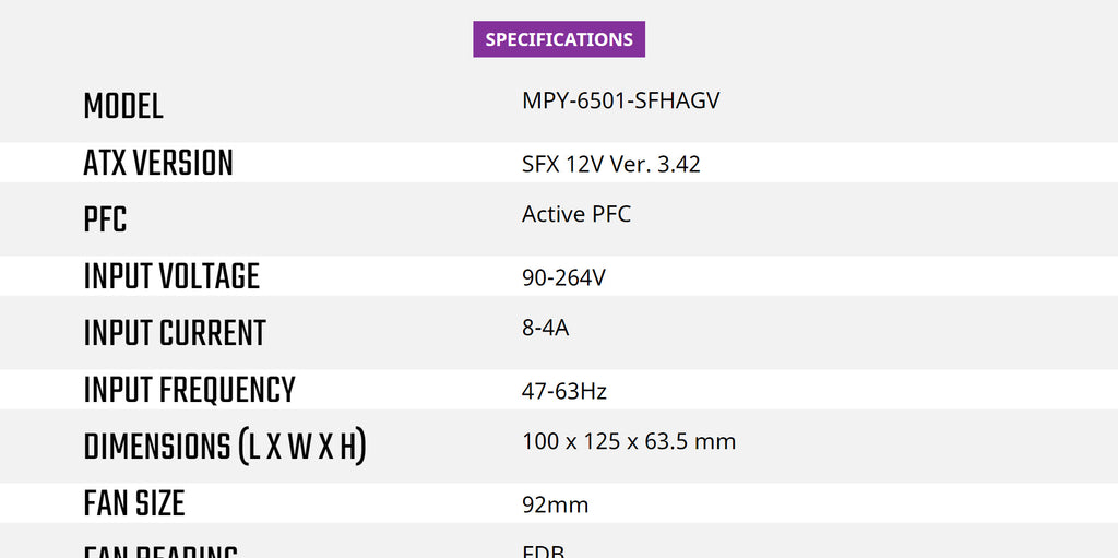 Cooler Master V650 SFX Gold 650W SFX Power Supply Model: MPY-6501-SFHAGV-US Specification