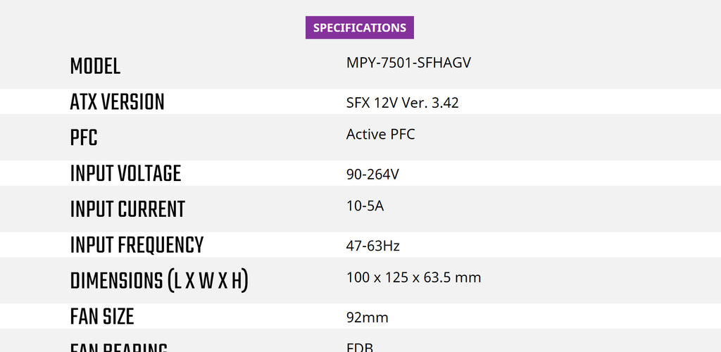 Cooler Master V750 SFX Gold 750W SFX Power Supply Model: MPY-7501-SFHAGV-US Specification