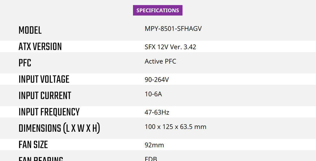 Cooler Master V850 SFX Gold 850W SFX Power Supply Model: MPY-8501-SFHAGV-US Specification