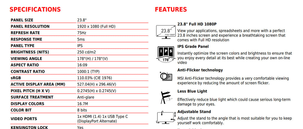 MSI Modern MD241P 24" FHD 1080P 75Hz IPS Monitor Black Color Specification