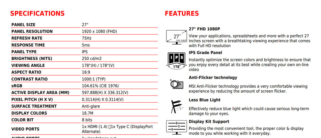 MSI Modern MD271P 24" FHD 1080P 75Hz IPS Monitor Black Color Specification