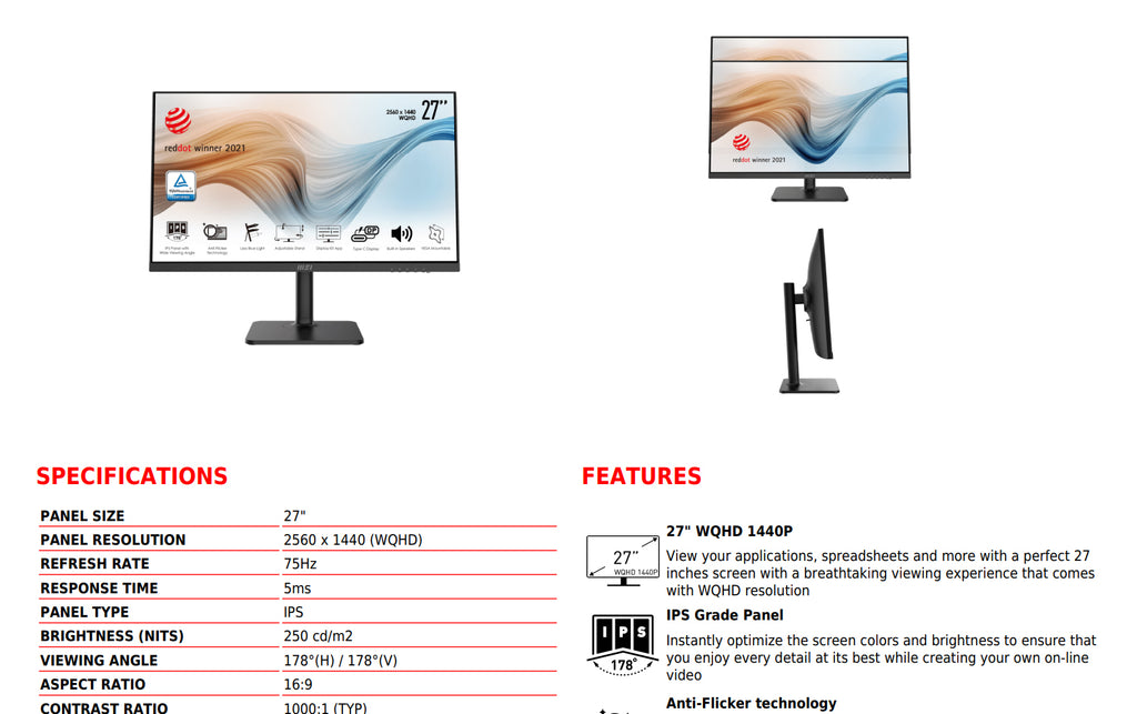 MSI Modern MD271QP 24" WQHD 1440P 75Hz IPS Monitor Black Color Specification