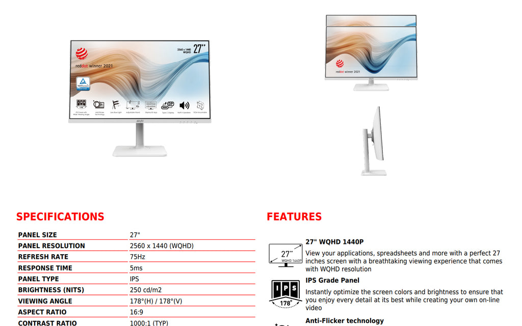 MSI Modern MD271QPW 27" WQHD 1440P 75Hz IPS Monitor White Color Specification