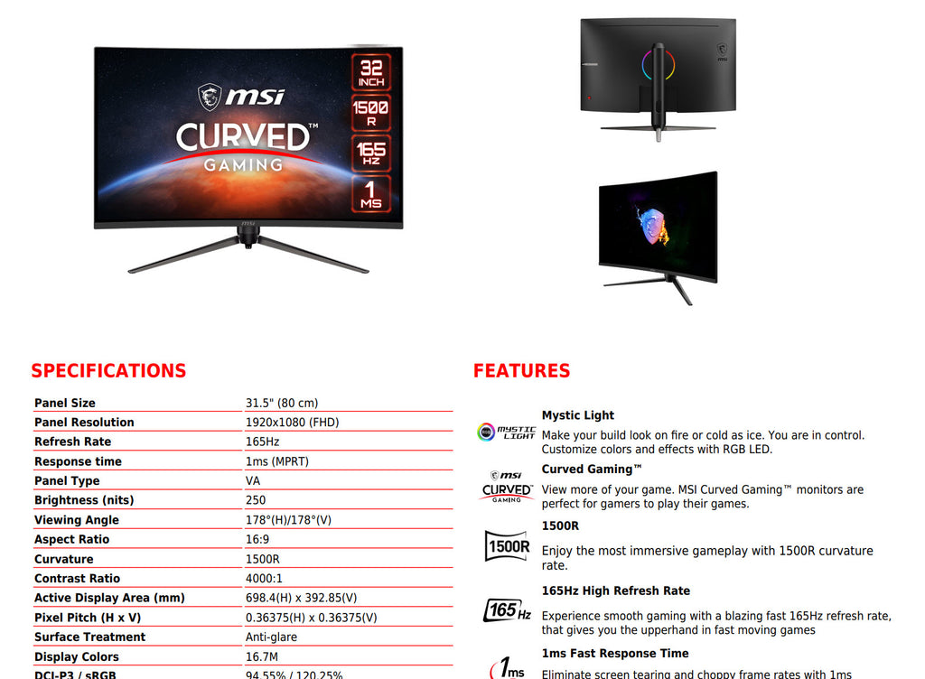 MSI Optix AG321CQR 32" FHD 165Hz Curved Gaming Monitor Specification