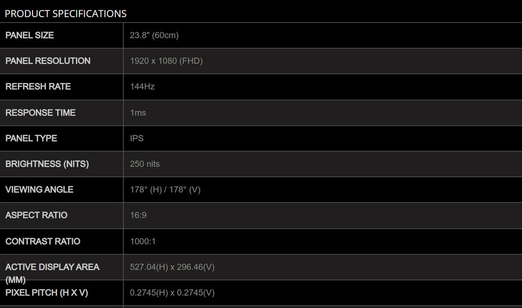 MSI Optix G241 24" Full HD 144Hz Anti-Glare Gaming IPS Monitor Specification