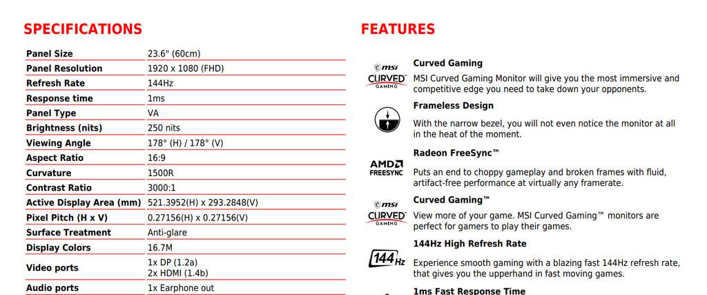 MSI Optix G24C4 24" FHD 1080P 144Hz 1ms Curved Gaming Monitor Specification