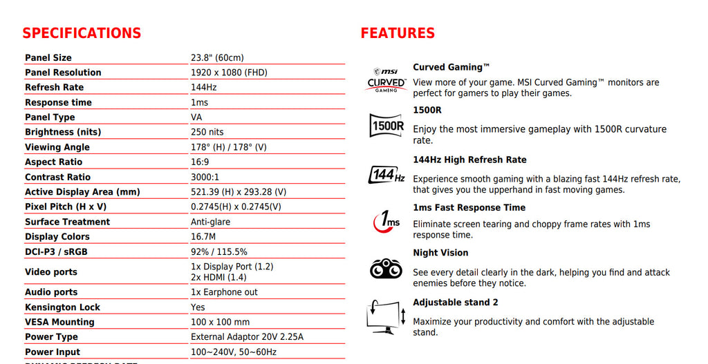 MSI Optix G24C6P 24" FHD 1080P 144Hz 1ms Curved Gaming Monitor Specification