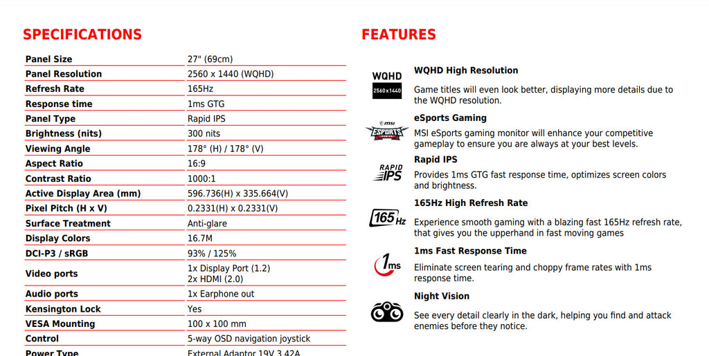 MSI Optix G273QF 27" WQHD 1440P 165Hz 1ms IPS Gaming Monitor Specification