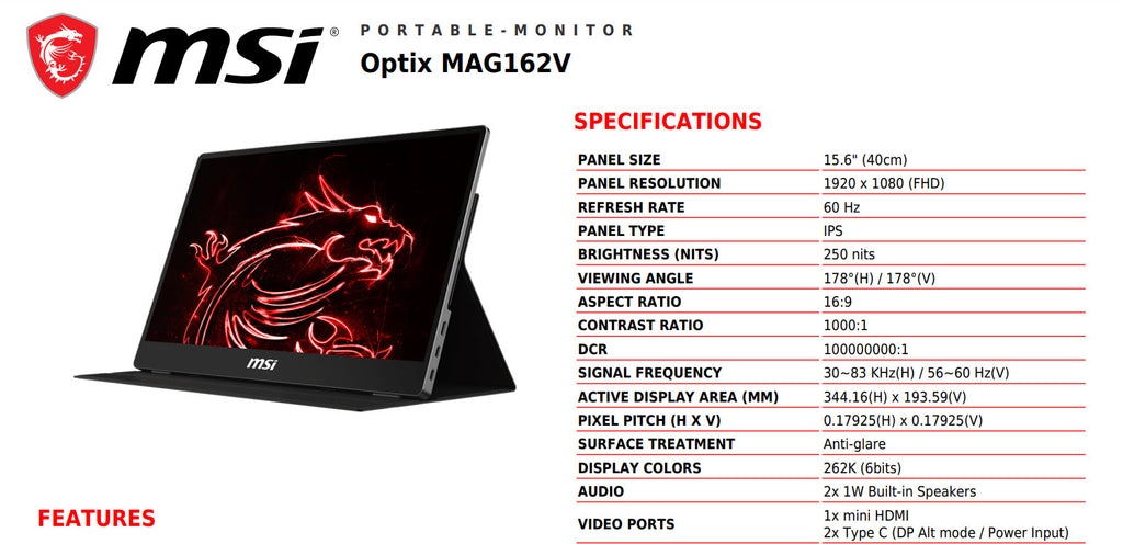 MSI Optix MAG162V 15.6" Full HD 1920 x 1080 Portable Monitor Specification