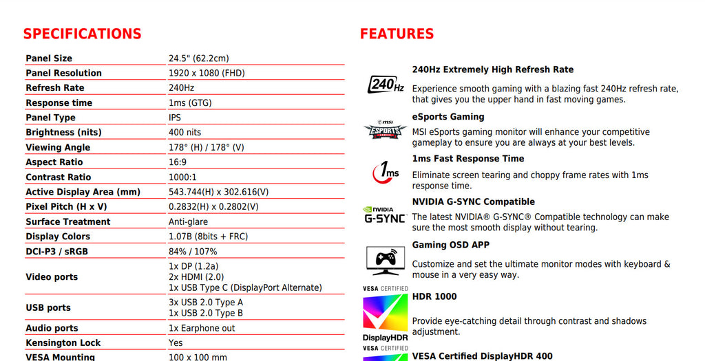 MSI Optix MAG251RX 24.5" FHD 1080P 240Hz 1ms Rapid IPS Gaming Monitor Specifiation