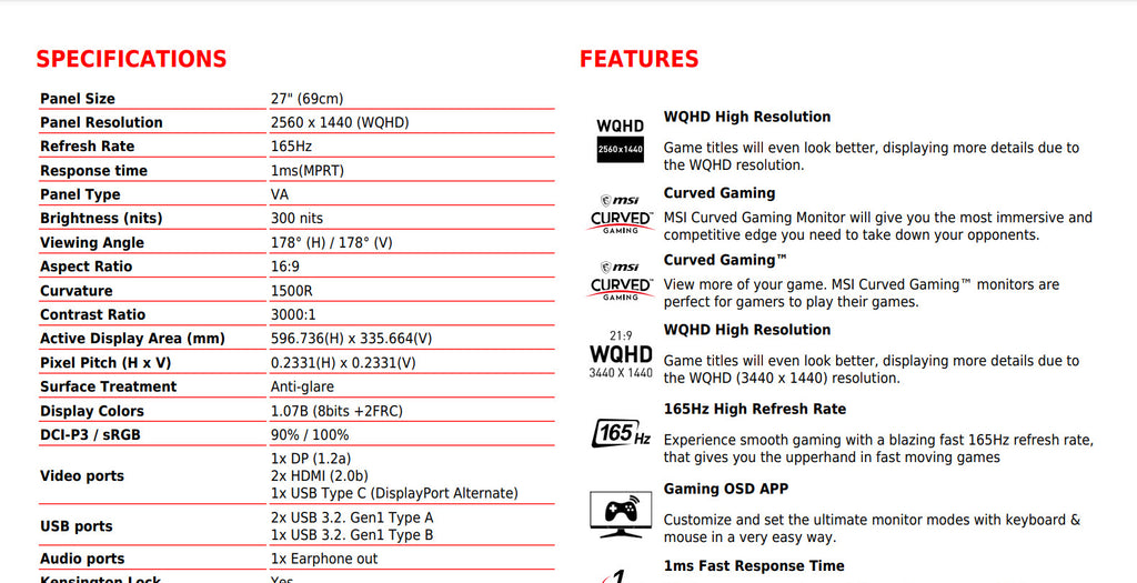 MSI Optix MAG272CQR 27" WQHD 165Hz 1ms Curved Gaming Monitor Specification
