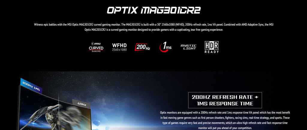 MSI Optix MAG301CR2 30" UWFHD 1080P 200Hz 1ms Curved Gaming Monitor Description