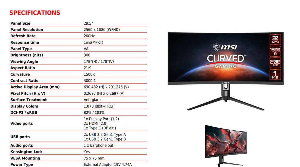 MSI Optix MAG301CR2 30" UWFHD 1080P 200Hz 1ms Curved Gaming Monitor Specification