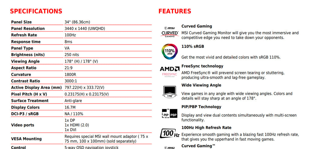 MSI Optix MAG341CQ 34" UWQHD 1440P 100Hz 1ms Curved Gaming Monitor Specification