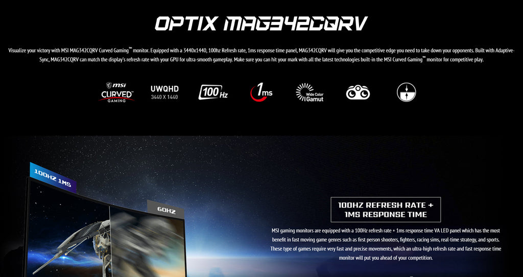 MSI Optix MAG342CQRV 34" UWQHD 1440P 100Hz 1ms Curved Gaming Monitor Description