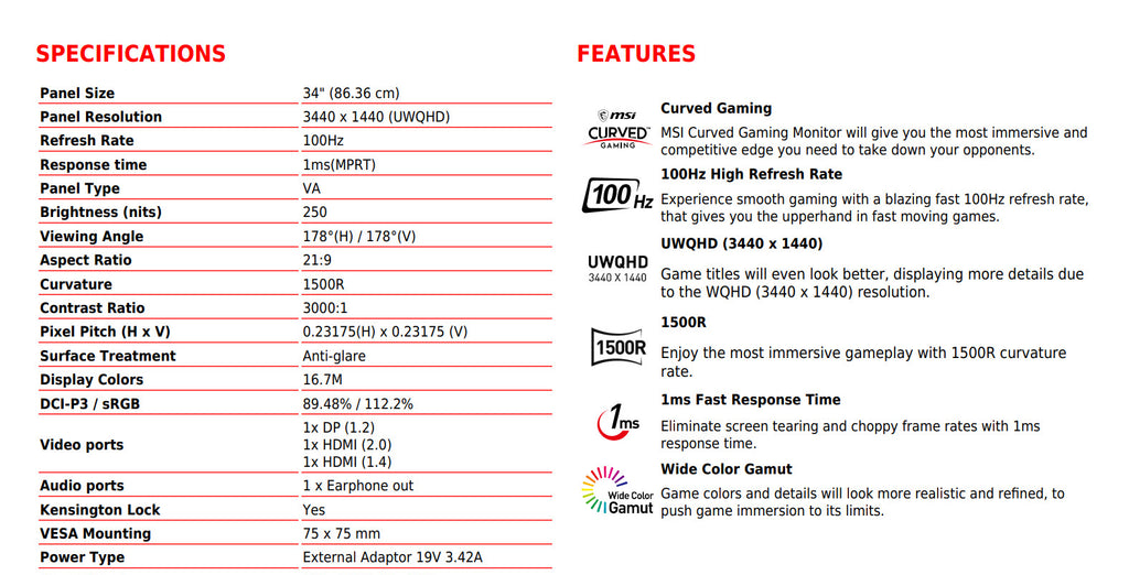 MSI Optix MAG342CQRV 34" UWQHD 1440P 100Hz 1ms Curved Gaming Monitor Specification