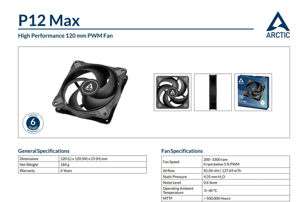 Arctic P12 Max 120mm 4Pin PWM Case Fan Black Color 4pcs Value Pack  model: ACFAN00280A Specification