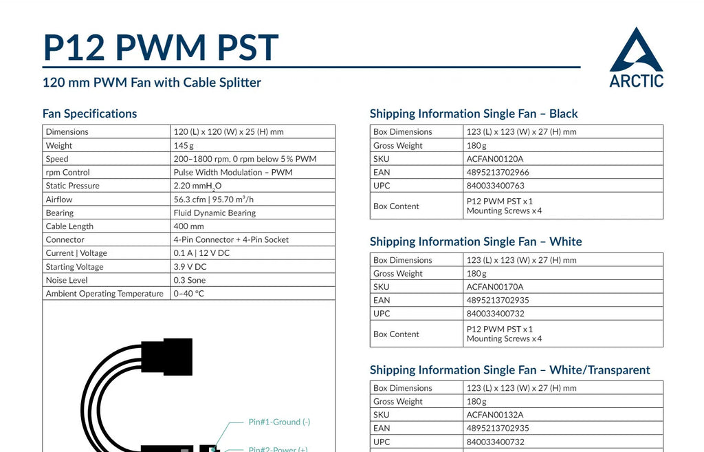 Arctic P12 PWM PST 120mm 4Pin PWM Case Fan White Color Model: ACFAN00170A Specification