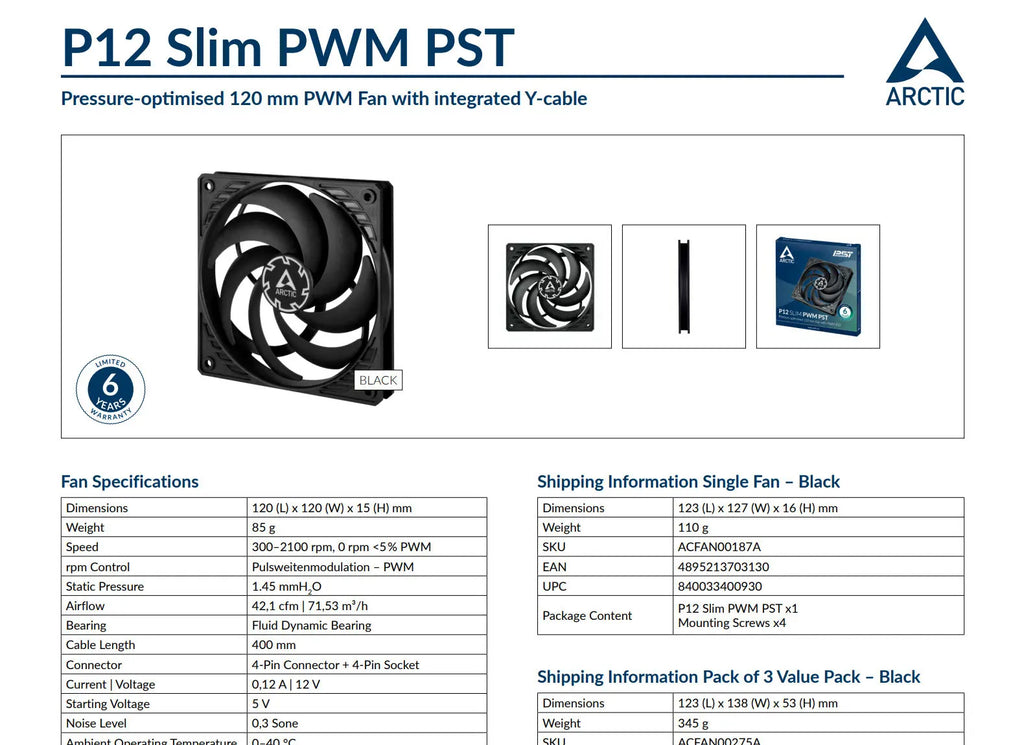 Arctic P12 Slim PWM PST 120mm 4Pin Case Fan Black Color 3pcs Value Pack  model: ACFAN00275A Specification