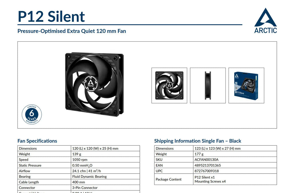 Arctic P12 Silent 120mm 3Pin Low Noisy Case Fan Black Color  model: ACFAN00130A Specification