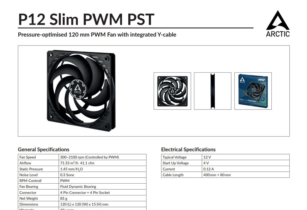 Arctic P12 Slim PWM PST 120mm 4Pin Slim Case Fan Black Color Specification
