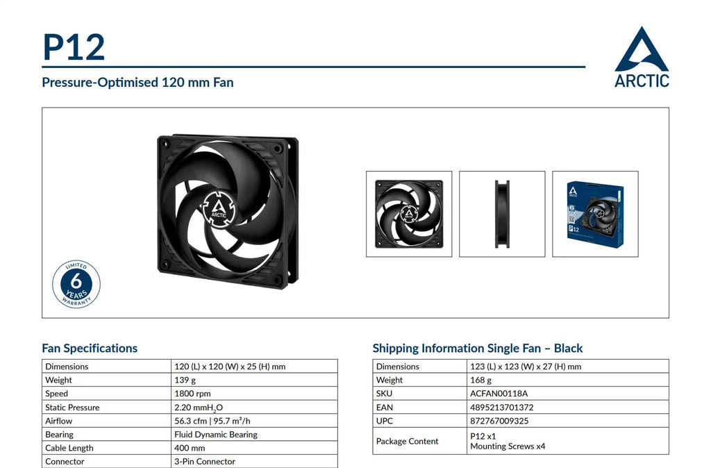 Arctic P12 Black 120mm 3Pin Case Fan Black Color model: ACFAN00118A Specification