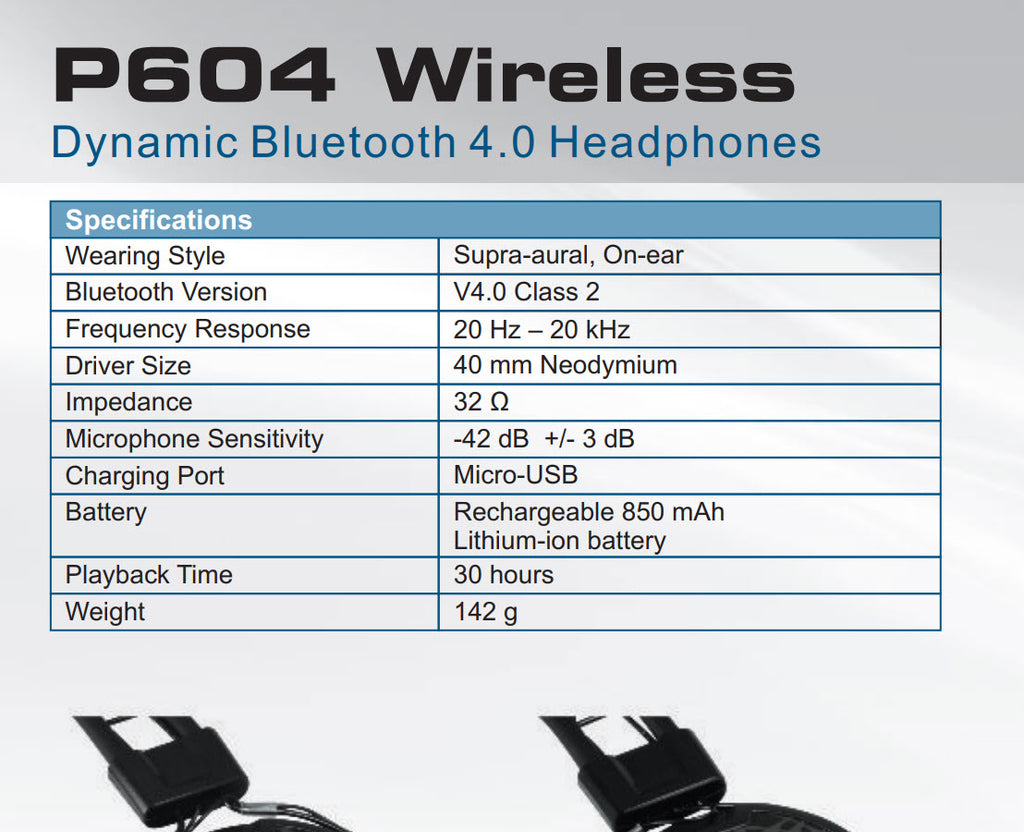 Arctic P604 Wireless Dynamic Bluetooth 4.0 On-Ear Headphone Model: ASHPH00017A Specification
