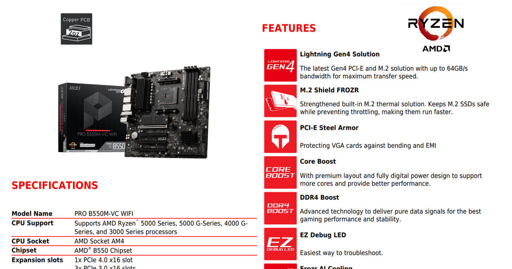 MSI PRO B550M-VC WIFI AMD AM4 ATX Gaming Motherboard Specification