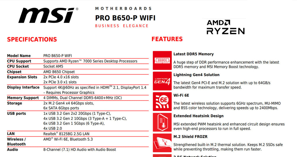 MSI PRO B650-P WIFI DDR5 AMD AM5 ATX Motherboard Specification