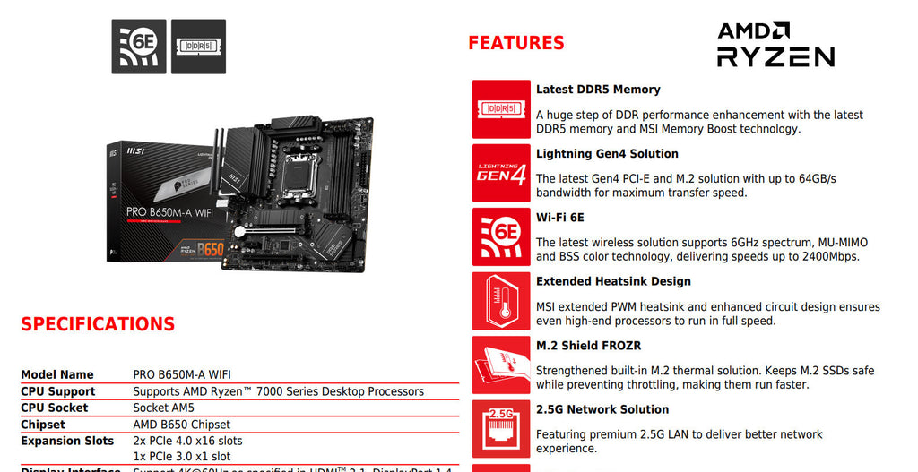 MSI PRO B650M-A WIFI AMD AM4 ATX Gaming Motherboard Specification