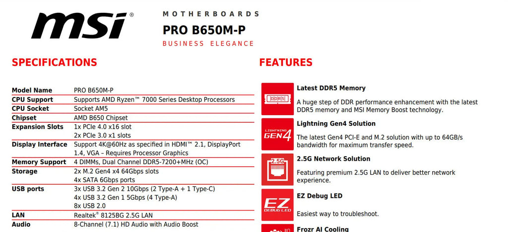 MSI PRO B650M-P AMD AM5 Micro-ATX Gaming Motherboard Specification