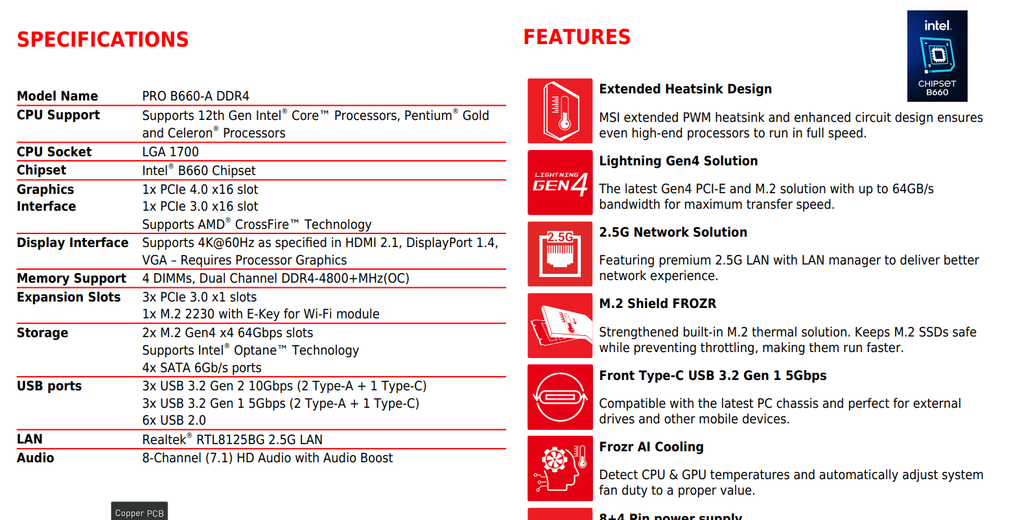 MSI PRO B660-A DDR4 Intel Socket 1700 ATX Motherboard Specification