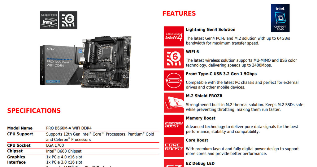 MSI PRO B660M-A WIFI DDR4 Intel Socket 1700 Micro-ATX Motherboard Specification